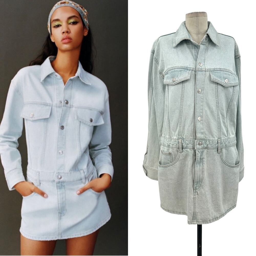 Zara Denim Short Mini Dress Light Wash Blue Long Sleeves Coverall Size Large
